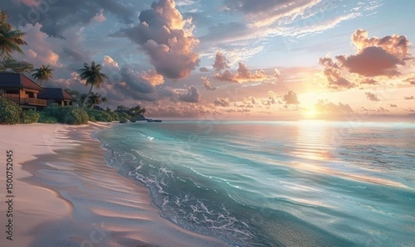 Fototapeta Tropical Paradise Beach at Sunset with Palm Trees and Crystal Clear Ocean Waves