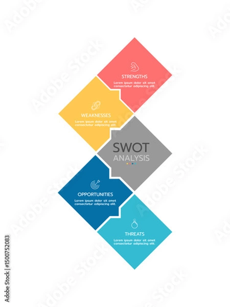 Fototapeta SWOT analysis infographic template featuring four vertical, connected hexagons with a gradient outline. Each hexagon is labeled "STRENGTHS," "WEAKNESSES," "OPPORTUNITIES," or "THREATS,".
