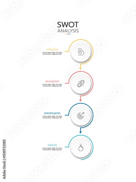 Fototapeta 
SWOT analysis infographic template featuring four vertical, connected rectangular sections with a gradient outline. Each section is labeled "STRENGTHS," "WEAKNESSES," "OPPORTUNITIES," or "THREATS,".