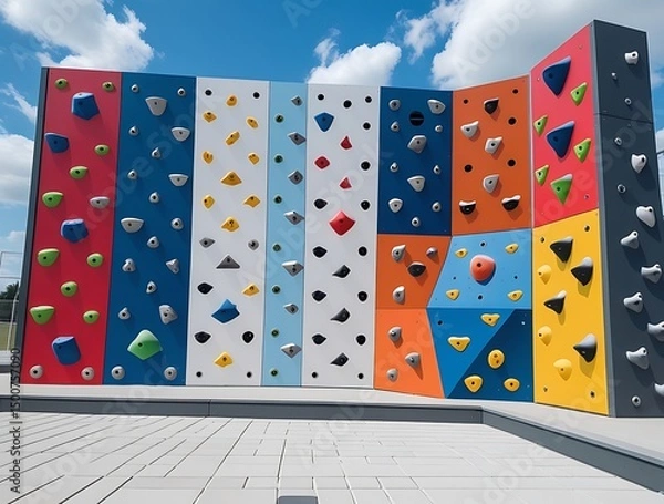 Fototapeta Vibrant bouldering wall featuring red, blue, yellow, and white panels with climbing grips of various shapes, used for exercise, challenge, and recreational adventure

