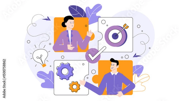 Obraz Two individuals with visionary ideas using gears to align towards a common goal. Suitable for business and teamwork concepts.