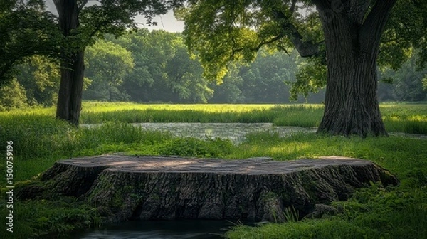Fototapeta Sunny clearing with tree stumps, lush grass, & trees creating a peaceful woodland scene