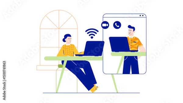 Obraz Two people having a video call on laptops, perfect for illustrating remote work, virtual meetings, technology, communication, and teamwork concepts.