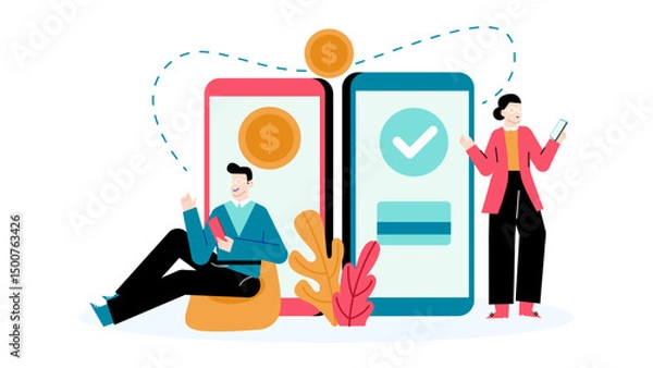Obraz Two people transferring money via phones, suitable for illustrating mobile banking, online transactions, digital payments, phone apps, financial technology concepts.