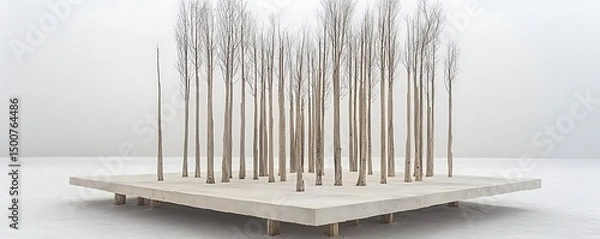 Fototapeta Minimalist winter trees on platform.  Art installation