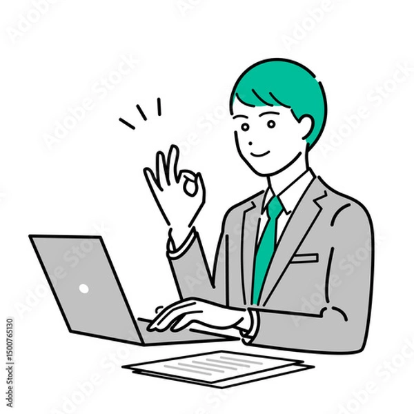 Obraz オッケーサインをしたPC作業中のビジネススーツを着た男性のシンプルな上半身ベクターイラスト