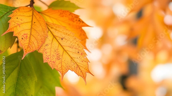 Obraz Populus tremula autumn leaf. Caragana arborescence leaf. Autumn. Watercolor background.