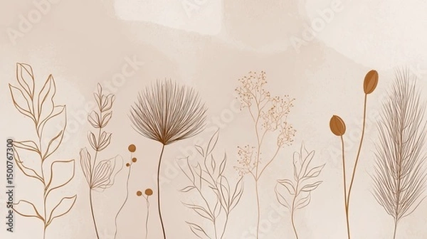 Fototapeta Soft minimalist beige background with line art botanical silhouettes