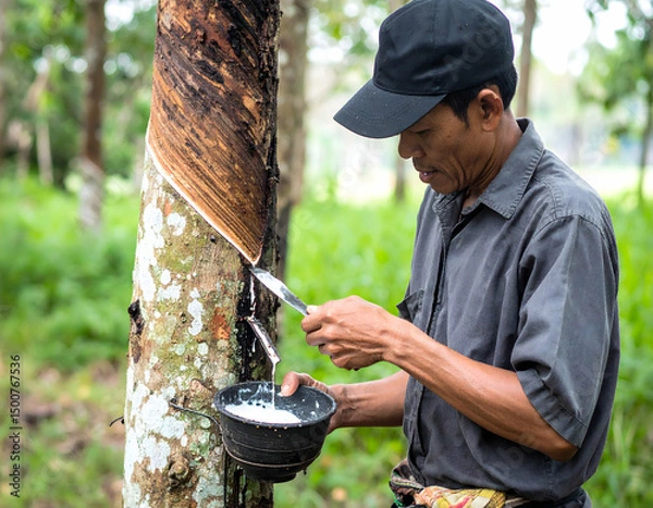 Fototapeta Man harvesting latex from a rubber tree in a lush green forest, demonstrating traditional tapping techniques