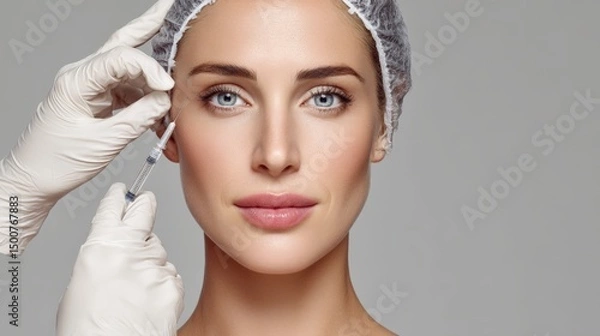 Fototapeta A close-up of a professional performing an aesthetic injection. Wearing sterile gloves, the practitioner carefully holds a syringe, while the patient is prepared with a hair cap, ensuring a clean and 
