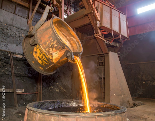 Fototapeta Molten metal being poured from a large ladle into a container in an industrial foundry, showcasing intense heat and activity