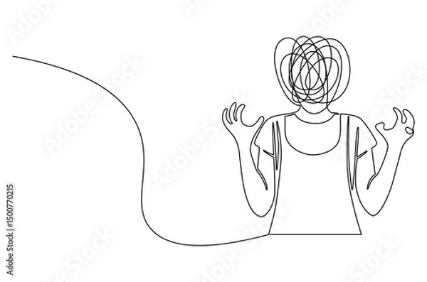 Fototapeta Continuous one line drawing of Woman with confused feelings. Single line drawing illustration of Work burnout and depression anxiety. Mental health concept vector art. Doodle line illustration.