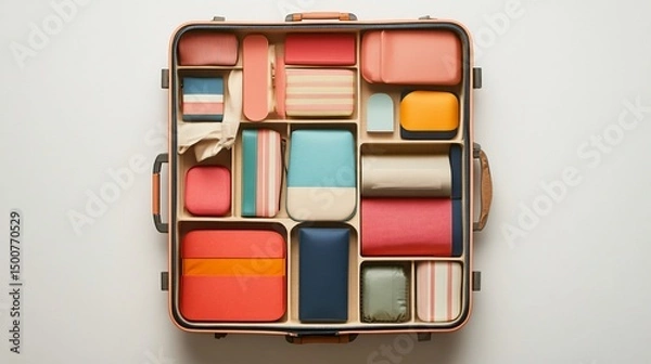 Fototapeta Organized Suitcase: A visually pleasing composition of packed travel essentials