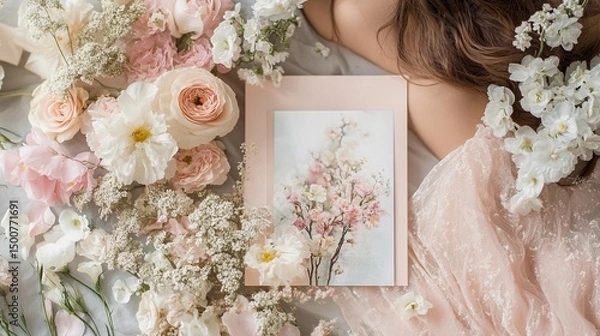 Fototapeta Delicate floral arrangement with woman and artwork featuring pink blooms