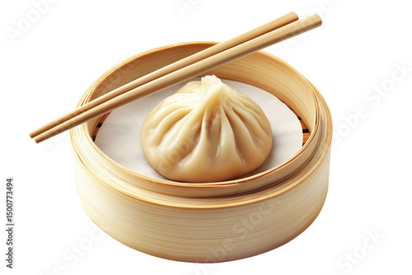 Obraz Steamed dumplings Xiao Long Bao in a bamboo steamer with wooden chopsticks isolated on white transparent background, concept of Asian traditional cuisine
