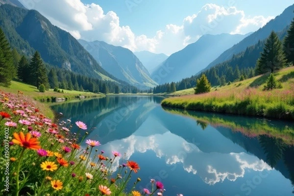 Obraz Vibrant wildflowers mirrored in a tranquil lake, wildflowers, graphic