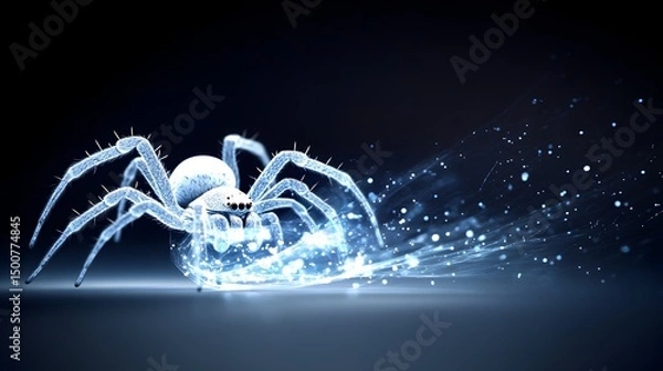 Fototapeta Crystalline spider, ethereal, glowing blue, trails sparkling particles across dark background
