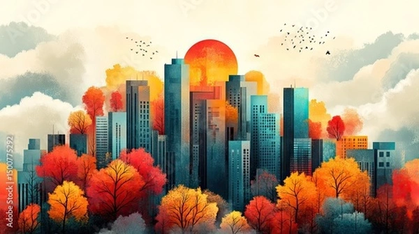 Fototapeta A cityscape with autumn trees and a large sun in the background with birds flying above the buildings