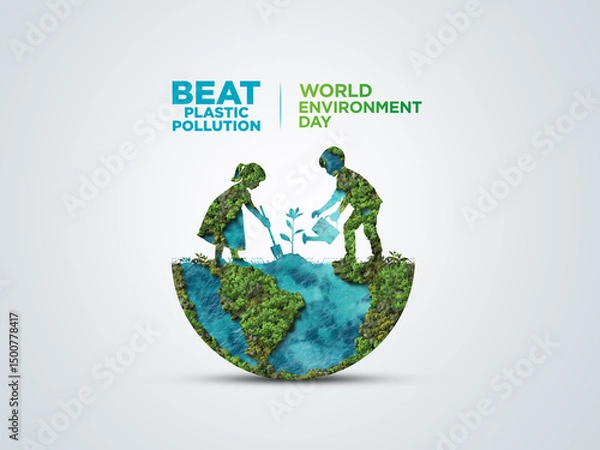 Fototapeta #BeatPlasticPollution, World Environment day concept 2025 3d tree background. 