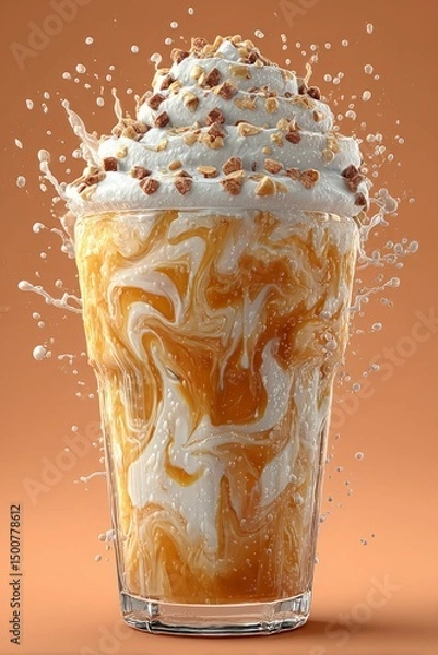 Obraz Caramel iced macchiato splashing in a clear glass with swirling layers, droplets on the glass.