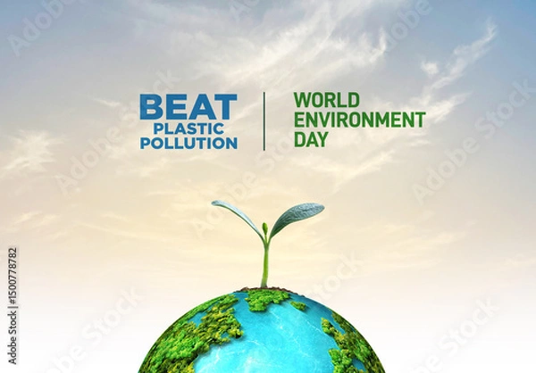Fototapeta #BeatPlasticPollution, World Environment day concept 2025 3d tree background. 