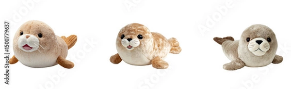 Fototapeta A full-body plushie of a smiling seal with little flippers and a round body, lounging on a transparant background.