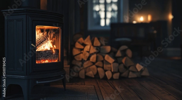 Fototapeta A dark wood-paneled room features a cast iron wood-burning stove with a vibrant fire, next to a neatly stacked pile of firewood, all under low-light conditions creating a cozy and warm atmosphere