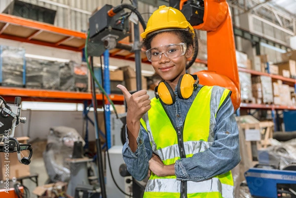 Fototapeta professional young engineer, technician work in modern factory industrial robot welding arm machine control operator