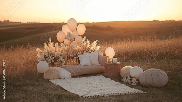 Fototapeta Sunset Picnic with Tuscany Field.