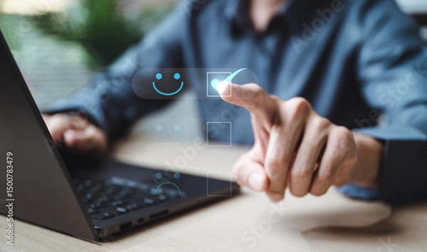 Fototapeta Satisfaction review feedback service quality. Customer service survey assessment. Evaluation rating.