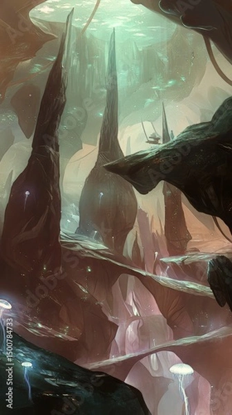 Obraz Ethereal Glow in Fantastical Cave Formations: Alien Environment with Bio-luminescent Flora