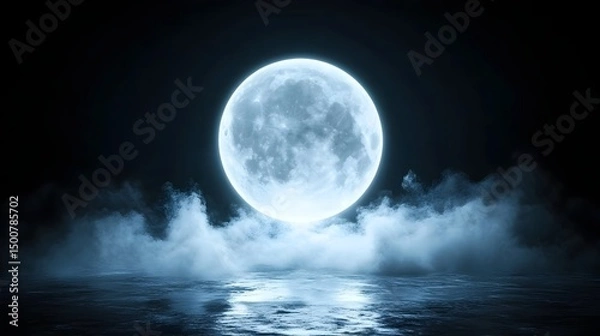 Fototapeta A luminous full moon, ethereal blue-toned, hangs low over a misty, reflective waterscape in a dark night