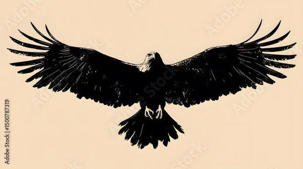 Fototapeta soaring eagle: An elegant black eagle with fully extended wings, captured in striking detail against a pastel background, showcasing its majestic presence.