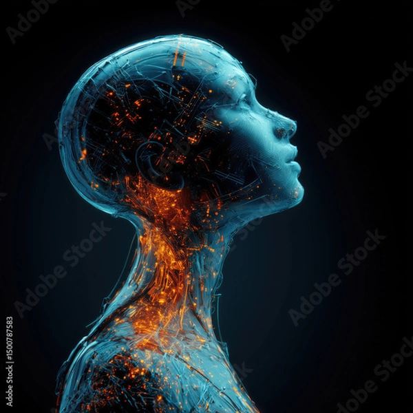 Fototapeta Futuristic female android with glowing circuits
