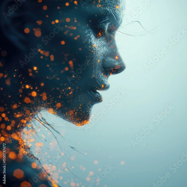 Fototapeta Cybernetic woman face with glowing particles