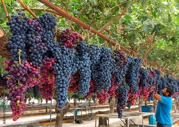 Fototapeta Grapes hanging in greenhouse