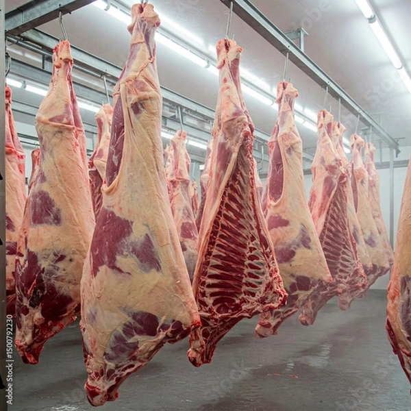 Obraz Many half-cut pigs hanging in a refrigerated room