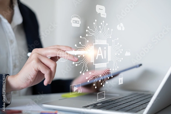 Fototapeta Artificial intelligence technology ai digital innovation image generation chatbot business dashboard data analysis marketing innovation network assistance automation system software machine learning