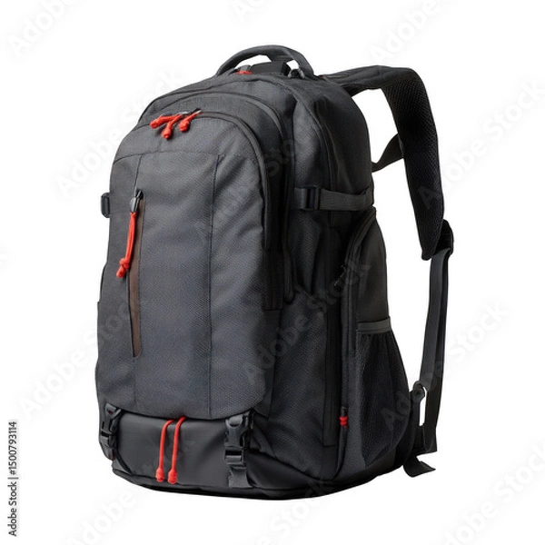 Fototapeta A dark gray backpack with red accents isolated on a transparent background in a studio setting
