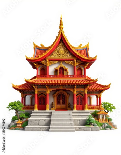 Fototapeta Vibrant traditional Asian temple with intricate architecture and colorful details, surrounded by