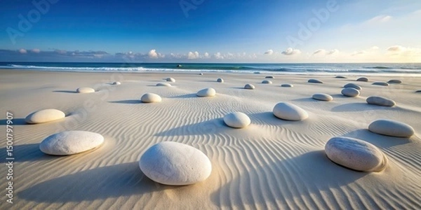 Obraz Serene Coastal Scene Smooth, White Stones Resting on a Sandy Beach Under a Bright Blue Sky