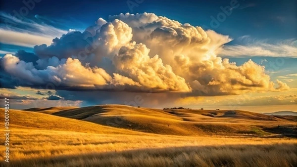 Obraz Golden Hour Over Rolling Hills Under a Majestic Cumulonimbus Cloud