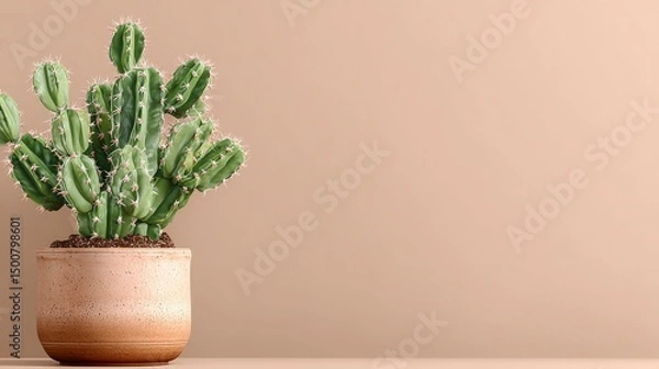 Obraz High-resolution product mockup of a potted cactus on a minimalist pure color background, studio shot with copy space for creating sleek product photography or advertising visuals.