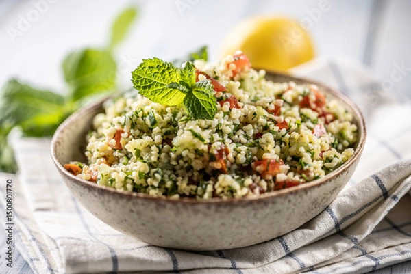 Fototapeta Traditional Tabouleh salad with bulgur, parsley, cucumber, tomato, coriander, garlic, mint and other ingredients