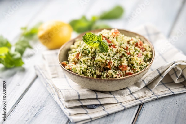 Fototapeta Traditional Tabouleh salad with bulgur, parsley, cucumber, tomato, coriander, garlic, mint and other ingredients
