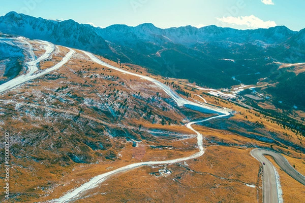 Obraz Mountain landscape on a sunny autumn day. View of highway in  Pyrenees mountains, Andorra, Europe