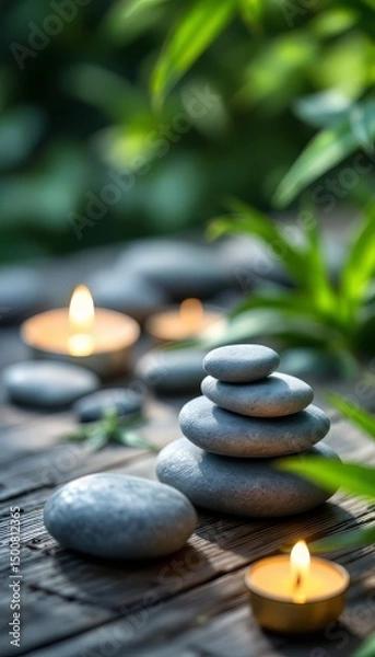 Fototapeta Stone Stack and Burning Candle on Wood with Green Leaf
