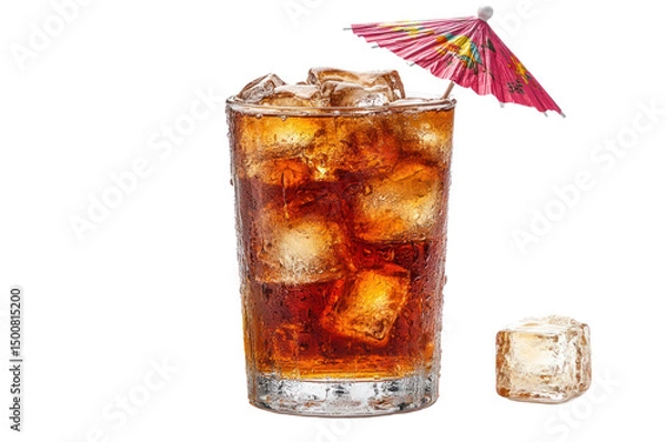 Obraz Refreshing Beverage with Umbrella: A glass of a bubbly drink, filled with ice and a vibrant cocktail umbrella, offering a visual treat for anyone seeking refreshment