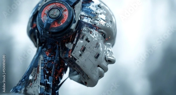 Fototapeta Futuristic AI robot portrait with headphones and glowing digital circuits on a high-tech backdrop.