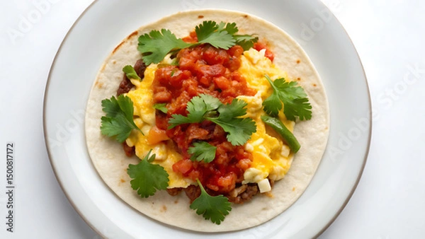 Fototapeta Breakfast Burrito Tacos Scrambled egg breakfast burrito with salsa and fresh cilantro soft tortilla served white plate with